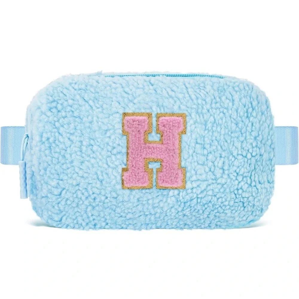 Fluffy Blue Kids Pouch with Pink Initial H